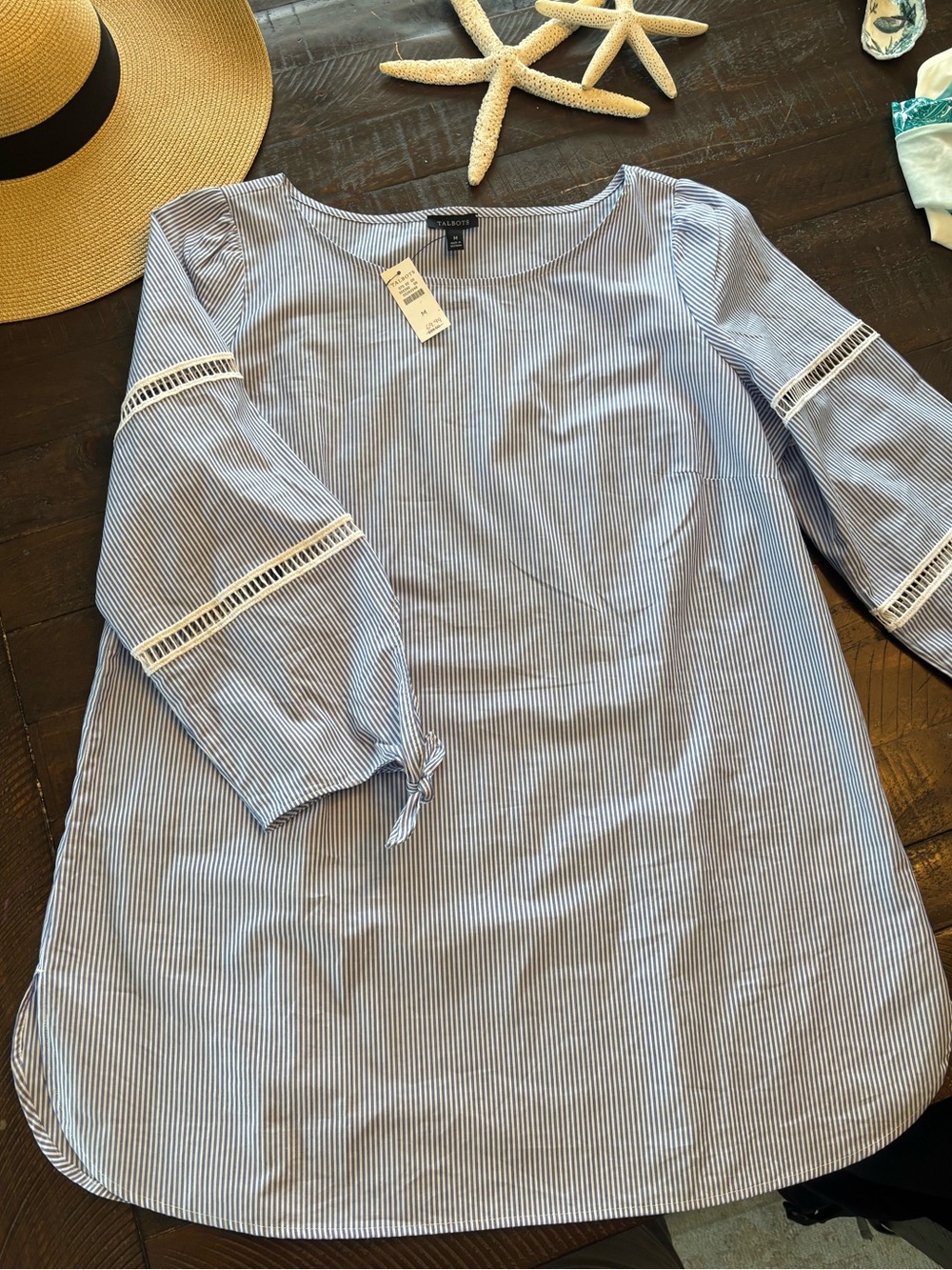 Talbots TIE DETAIL POPLIN TOP - GENTLE STRIPE Size M Tie Sleeve Coastal Preppy